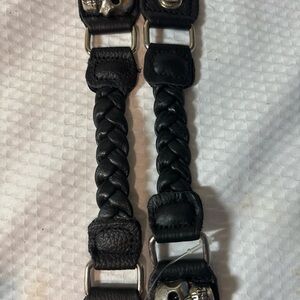 2 Skull Braided Black Leather Snap Button Motorcycle Vest Extender 7 Inch
